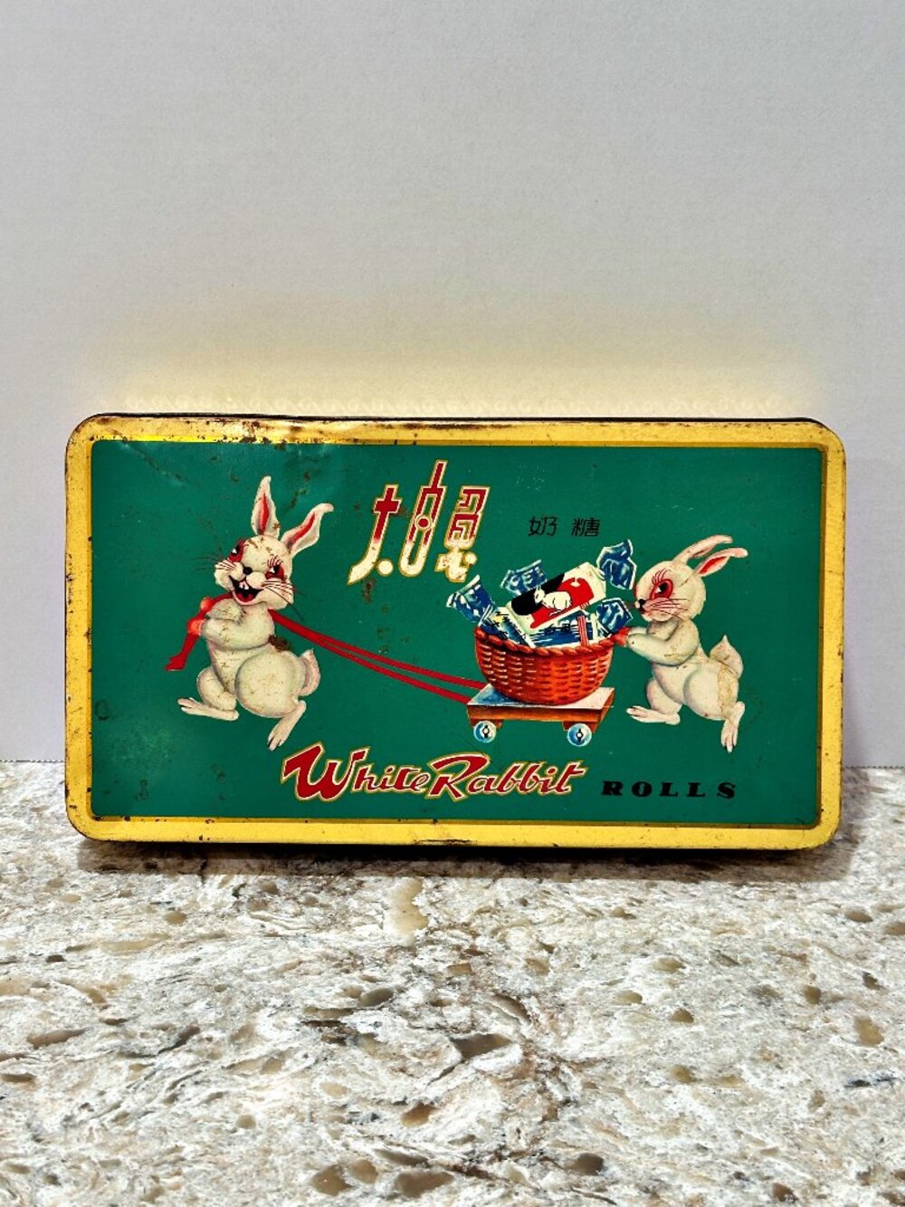 Vintage 1970s White Rabbit Milk Candy Tin Box Chinese Bright Advertising Kitschy